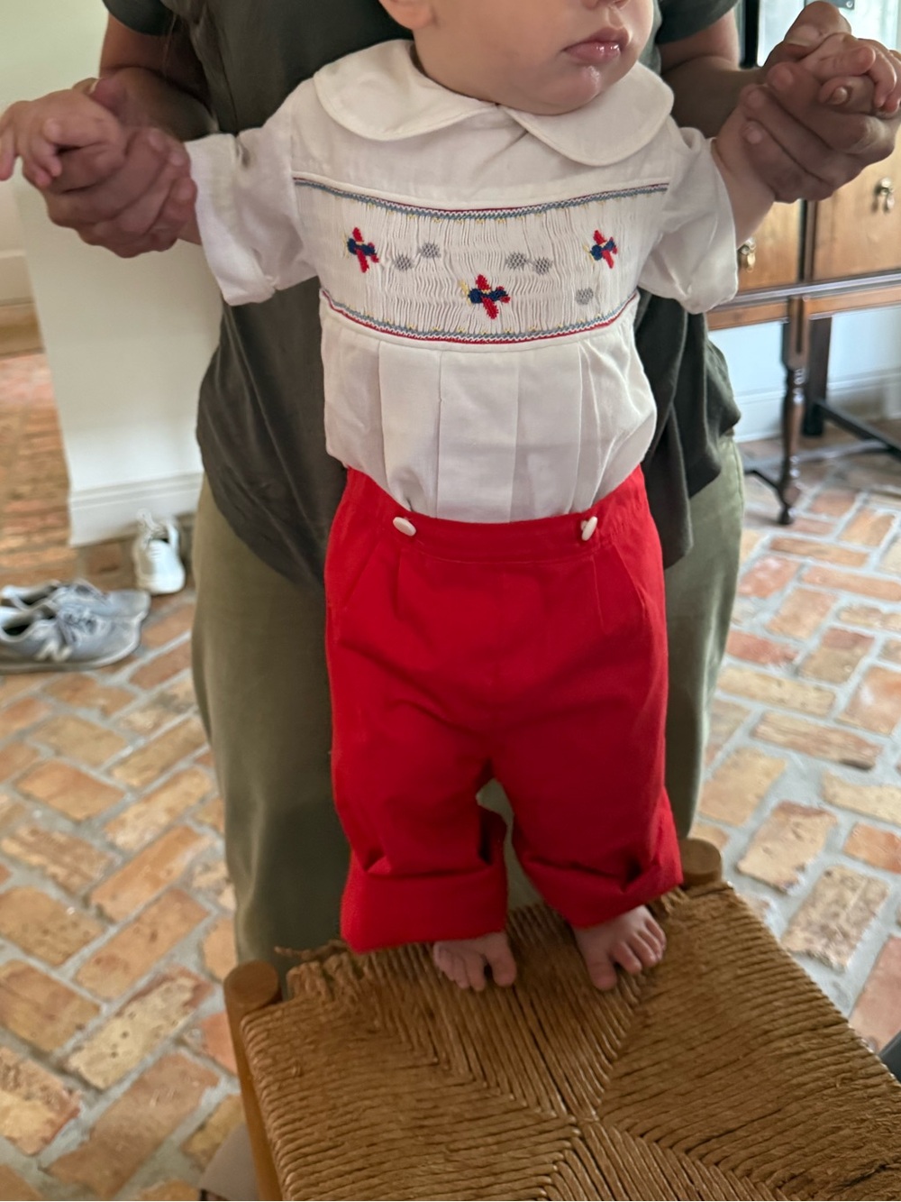 Baby Boys Red Pants and White Smocked Top Set antique 12-2t